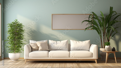 Interior of light living room with comfortable sofa, houseplants and mirror near light wall. ai © Witri