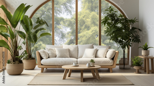 Interior of light living room with comfortable sofa  houseplants and mirror near light wall. ai