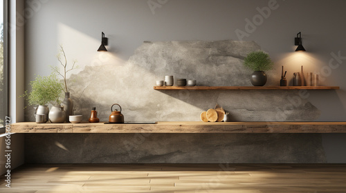 Interior of stylish modern kitchen mockup design for product presentation background. ai generative