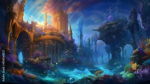 Digital painting of a fantasy fantasy landscape with an ancient palace and a fountain