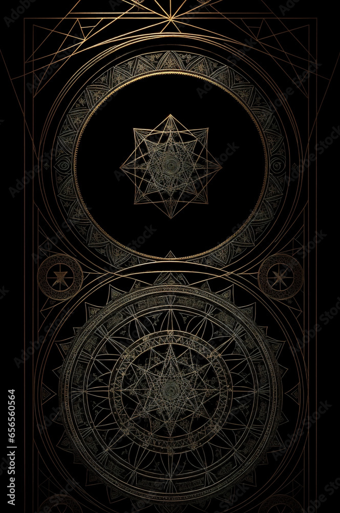 A golden and black background with a star, fractal tarot card style.
