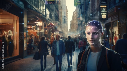 Man face with digital world map and people walking in the street