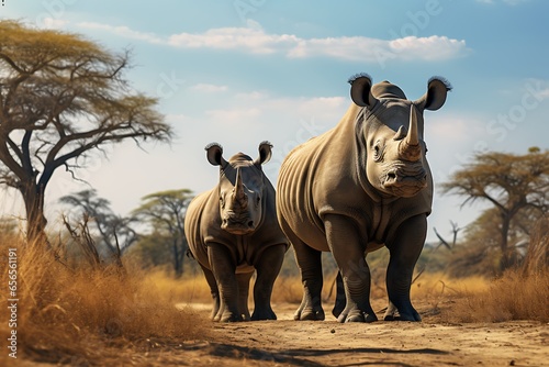 Two white rhinoceros in the savannah of Kenya, Africa