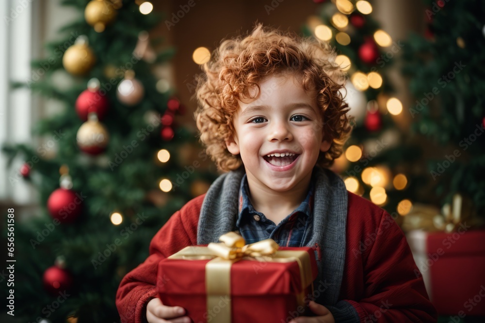 A happy joyful curly haired redhead boy smiles at the camera and holds a red gift box in his hands against the background of a Christmas tree A happy joyful curly haired redhead boy smiles at the camera and holds a red gift box in his hands against the background of a Christmas tree