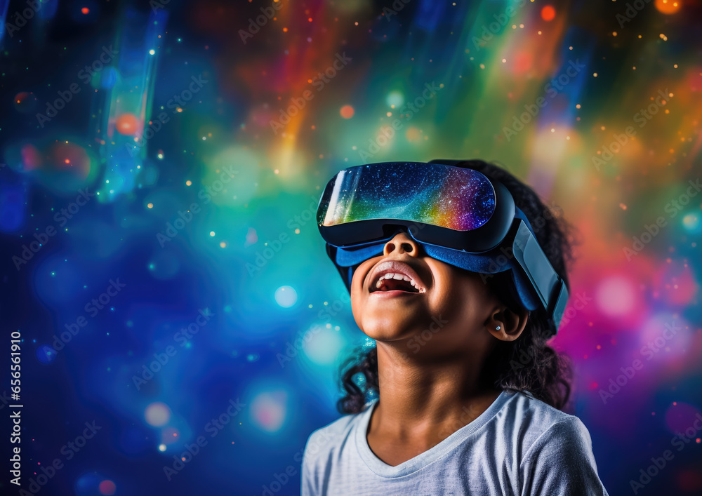 Generative AI, child, boy or girl in virtual reality glasses on an abstract multi-colored fantastic background, technology, augmented reality, metaverse, neural network, VR, computer game, kid gamer Generative AI, child, boy or girl in virtual reality glasses on an abstract multi-colored fantastic background, technology, augmented reality, metaverse, neural network, VR, computer game, kid gamer