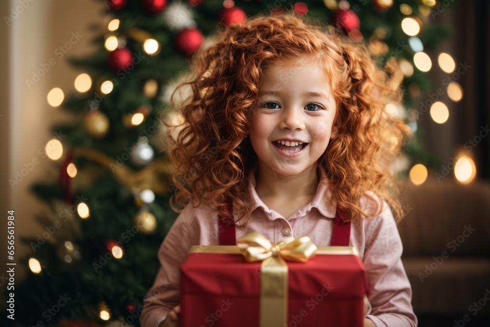 A little curly redhead girl holds a gift box on a New Year's background. Christmas, holiday, family and children concept. A little curly redhead girl holds a gift box on a New Year's background. Christmas, holiday, family and children concept.