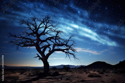Ancient gnarled tree silhouetted against a starry desert sky with a comet tail