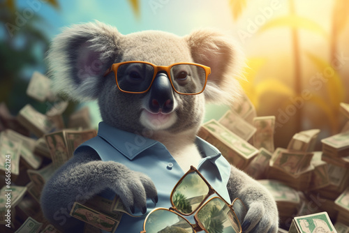 cute koala with sunglasses and cash photo