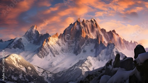 Panoramic view of Mont Blanc massif in French Alps at sunset