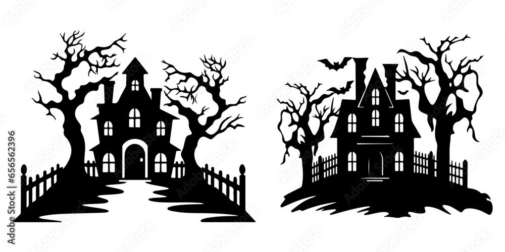 Collection of Haunted House Silhouettes: Halloween Vector, Scary House Bundle Set at Night, and Bat House Logo