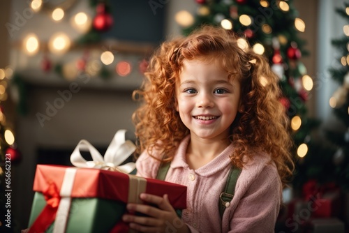 A little joyful redhead girl wearing a pink warm sweater and holding a red gift box on a New Year's background looks at the camera and smiles. Christmas, holiday, family and children concept.