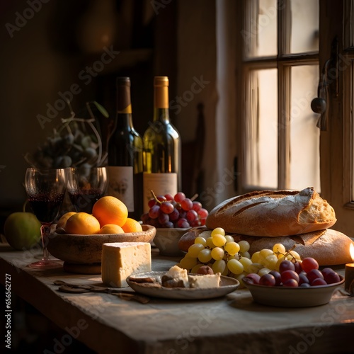 Still life with wine, cheese, grapes and bread in a rustic setting