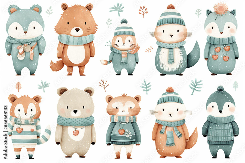 pattern set of cute hand drawn animal in winter hats, scarves, scarves, knitted sweaters, Christmas trees. pattern set of cute hand drawn animal in winter hats, scarves, scarves, knitted sweaters, Christmas trees.