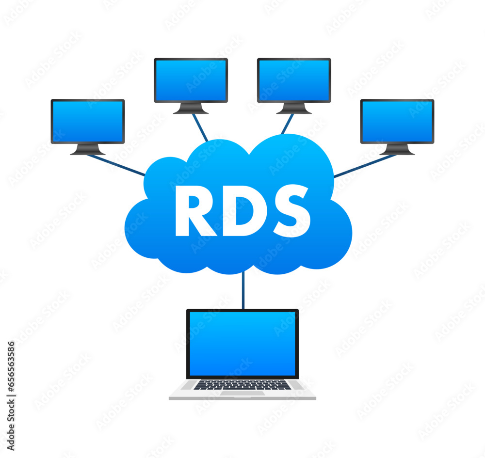 Laptop with a cloud with RDS on it. Remote Desktop Services. Vector stock illustration Laptop with a cloud with RDS on it. Remote Desktop Services. Vector stock illustration