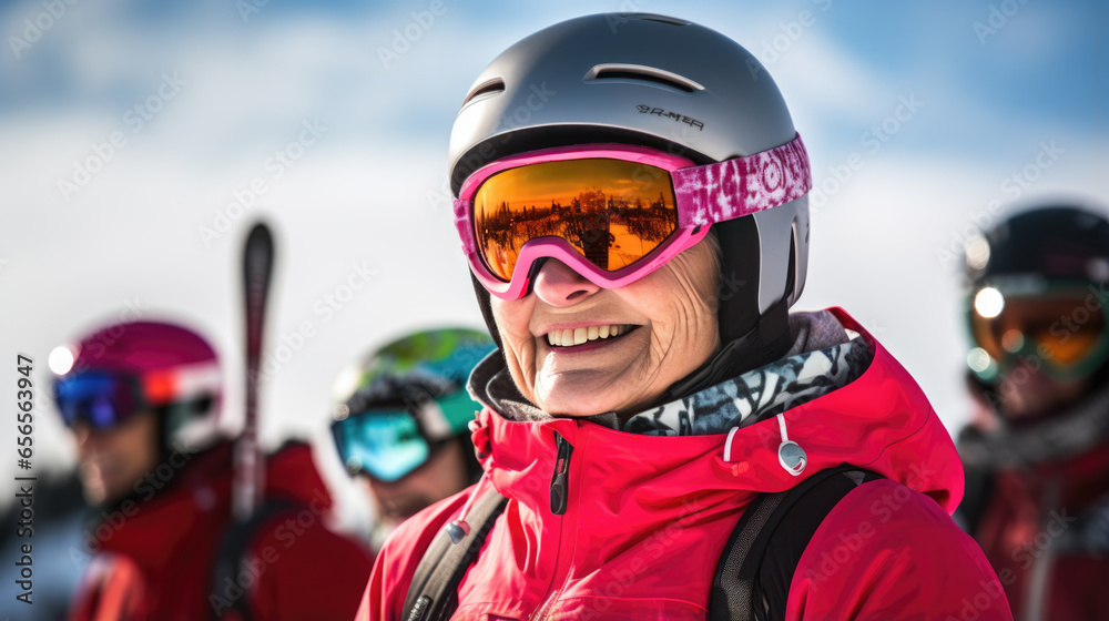 Portrait of a senior female skier in helmet and winter clothes on the background of snow-covered mountain slope Portrait of a senior female skier in helmet and winter clothes on the background of snow-covered mountain slope