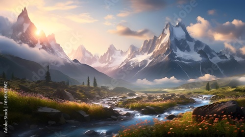 Beautiful panorama of mountain landscape with river and high peaks.