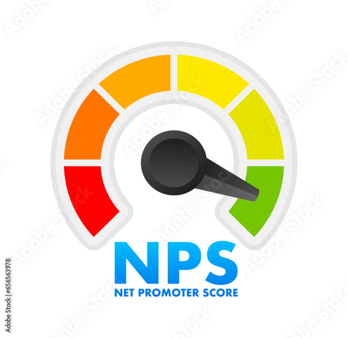 NPS Level Meter, measuring scale. Net promoter score Level speedometer indicator. Vector stock illustration