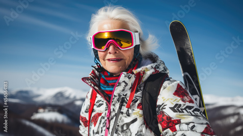 Portrait of a senior female skier in helmet and winter clothes on the background of snow-covered mountain slope