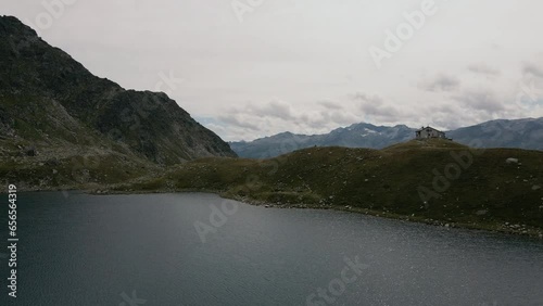 Aerial drone view of Rifugio Bertacchi at Emet Lake photo