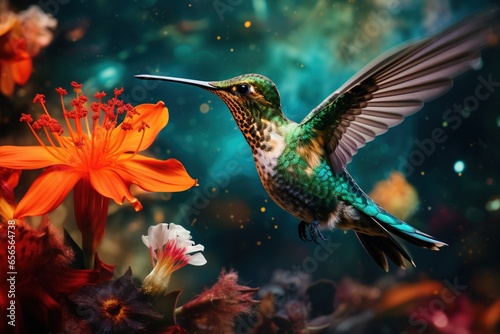 Close-up of a hummingbird hovering over an exotic garden flower © Szabolcs