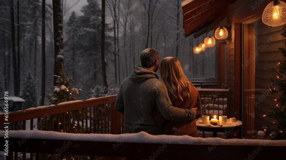 Fototapeta premium a full-body rear view of a duo, hands cradling mugs of hot cocoa, as they look out from their log cabin porch. Snowflakes gently fall, blanketing the surrounding forest in a serene white