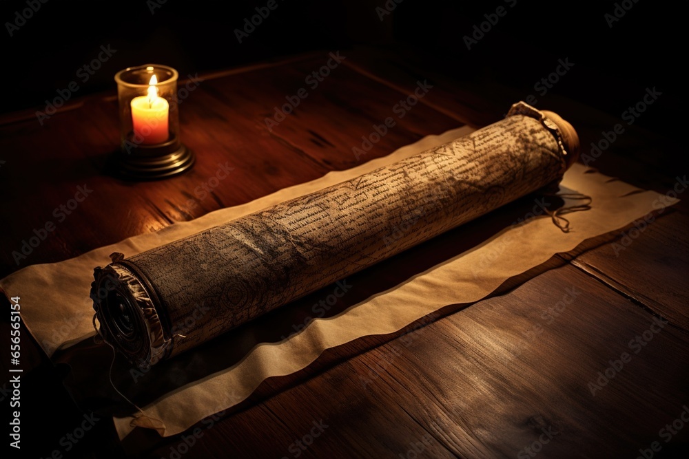 Fototapeta premium Close-up shot of an old parchment scroll unfurled on a weathered oak table lit by candlelight