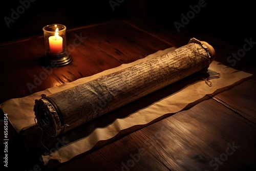 Close-up shot of an old parchment scroll unfurled on a weathered oak table lit by candlelight © Szabolcs