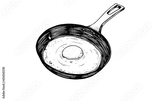 Fried egg on a frying pan hand drawn ink sketch. Engraving style vector illustration