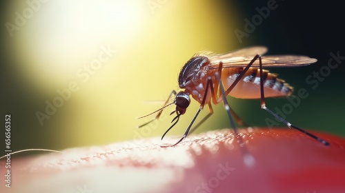 A mosquito that carries dengue fever, Zika virus is sucking blood on a person's skin