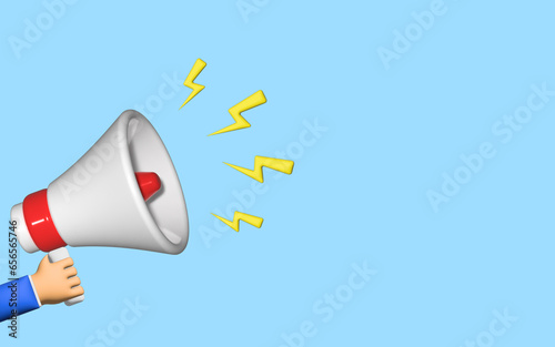 3D megaphone with hand on blue background.Speaker for advertising, sale, notification, announcement, marketing, business, news and all purpose.