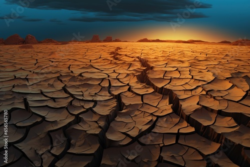 Cracked desert soil under a vivid moonlight casting long, dramatic shadows
