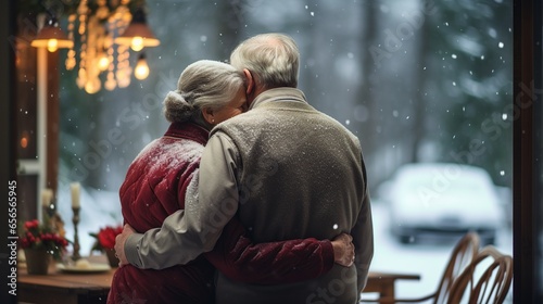 rear view of grandparents, arms lovingly wrapped around each other, reminiscing while they watch children play in the snow through their cottage window. 