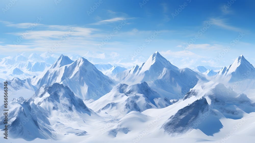 Snowy mountains panorama with blue sky and clouds. 3d illustration