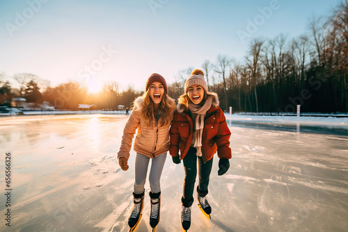 Friends ice skating on a frozen lake on a winter afternoon photo