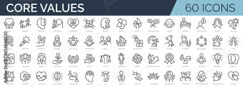 Set of 60 outline icons related to core values. Linear icon collection. Editable stroke. Vector illustration