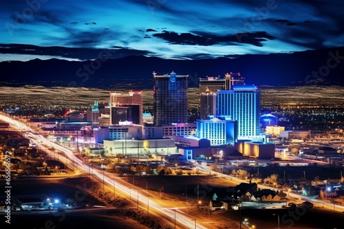 Nighttime aerial view of urban skyline at Reno. City lights and casinos enlighten streets. Generative AI