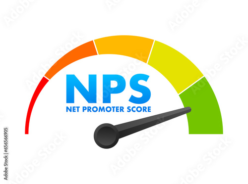 NPS Level Meter, measuring scale. Net promoter score Level speedometer indicator. Vector stock illustration