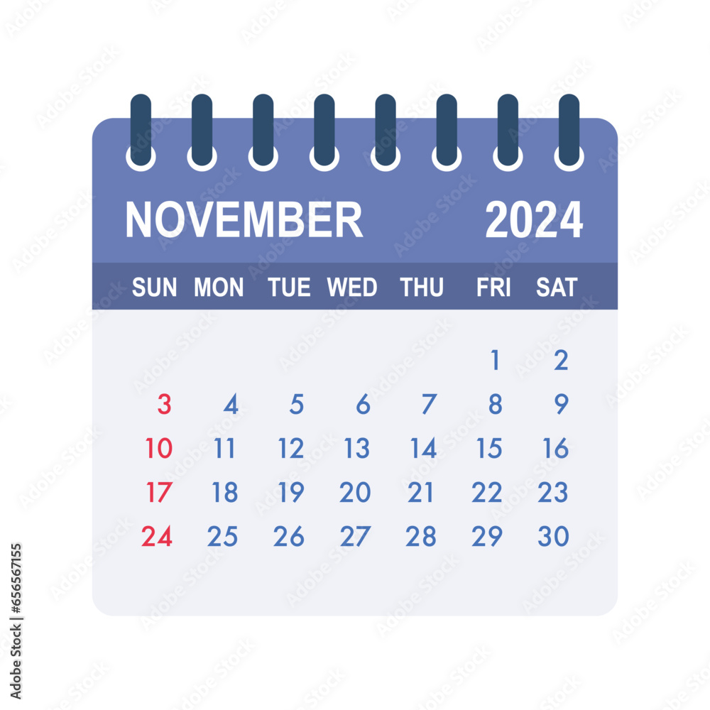 November 2024 Calendar Leaf. Calendar 2024 in flat style. Vector stock illustration November 2024 Calendar Leaf. Calendar 2024 in flat style. Vector stock illustration