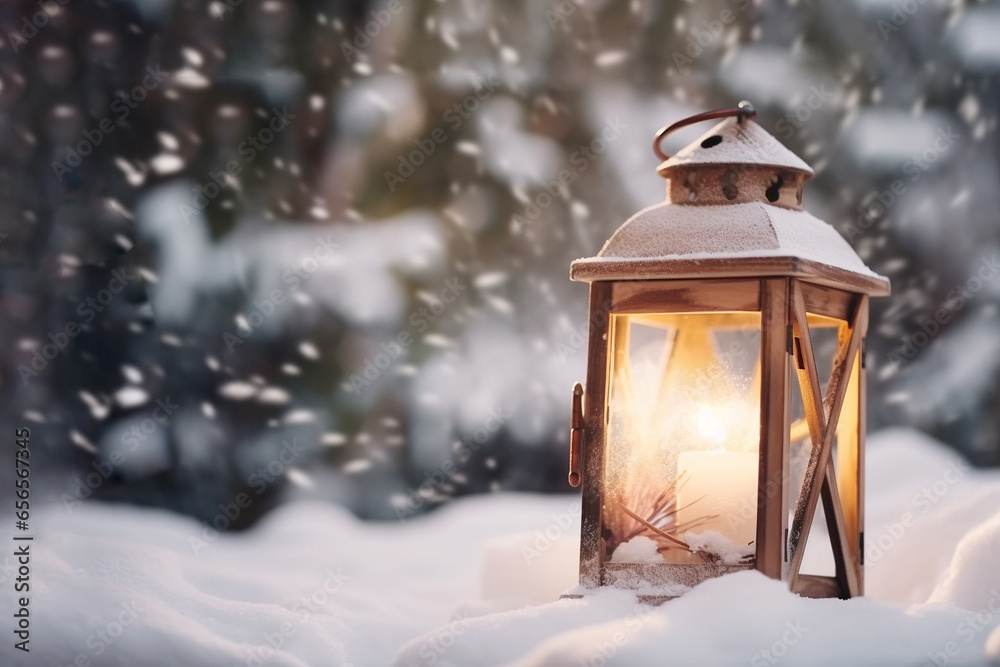 Christmas lantern on snow with fir branch in sunny day Christmas lantern on snow with fir branch in sunny day