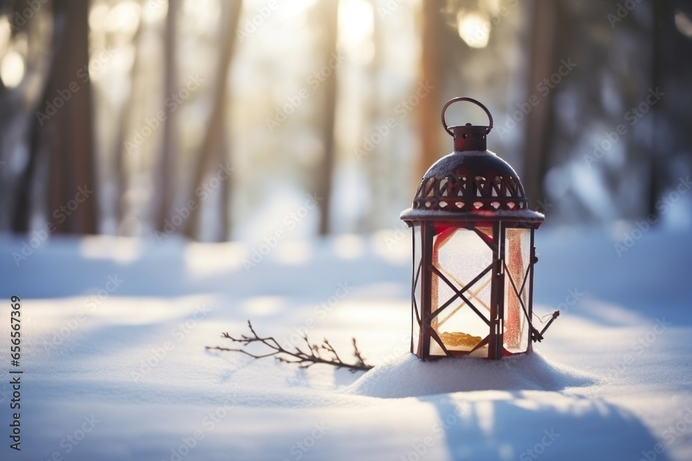 Christmas lantern on snow with fir branch in sunny day Christmas lantern on snow with fir branch in sunny day