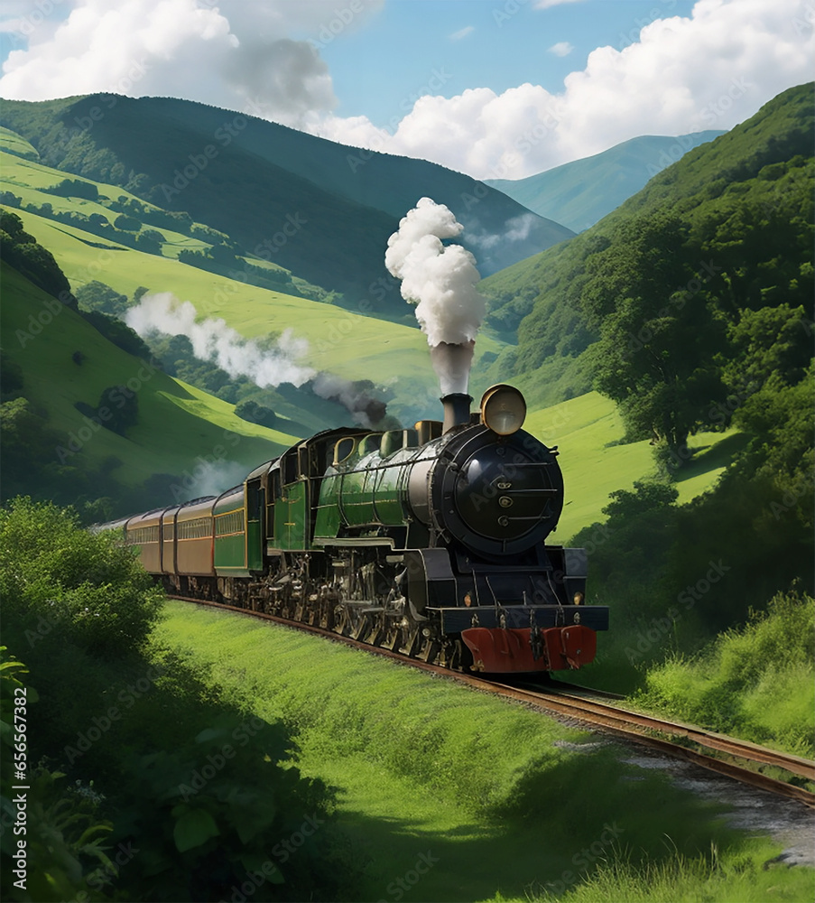 steam train in the countryside - obrazy, fototapety, plakaty 