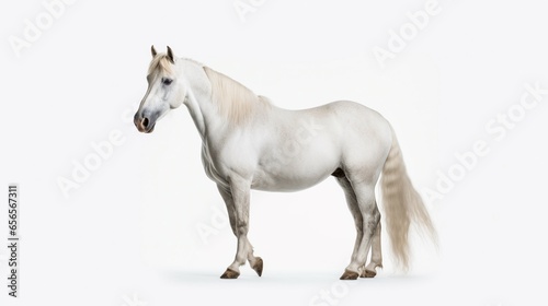 white horse standing on a white background the horse.Generative AI