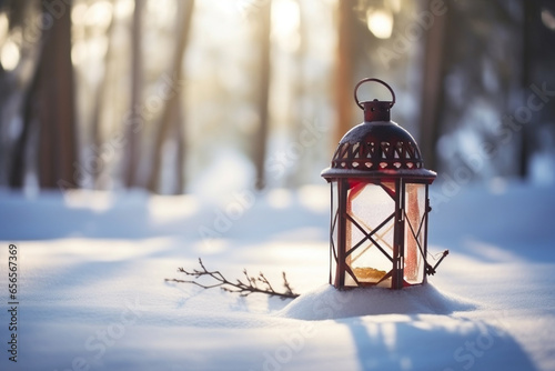 Christmas lantern on snow with fir branch in sunny day © Olga