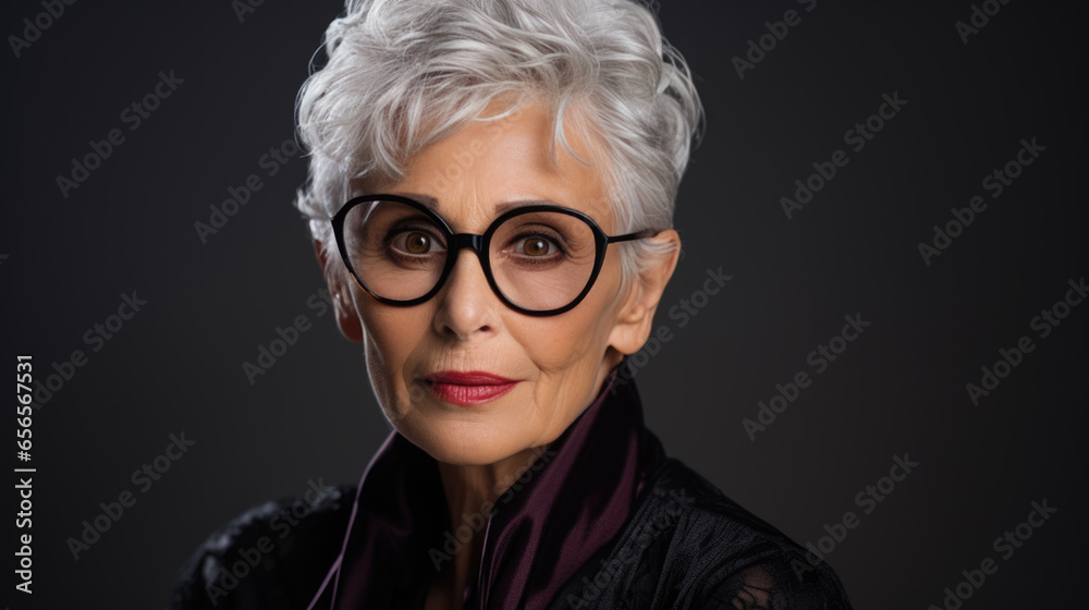 Stylish elderly woman on dark background.