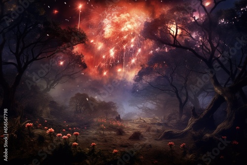 Fireworks bursting through the mist over a haunted forest © Szabolcs