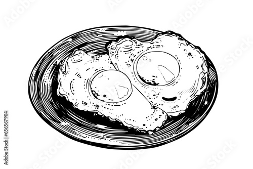 Fried egg on a plate hand drawn ink sketch. Engraving style vector illustration
