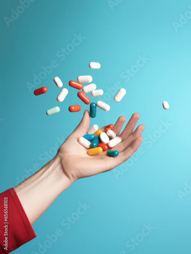 human hand with falling medical pills on pure background. Creative close up pharmacy or health care concept. Medical treatment for disease flu virus.