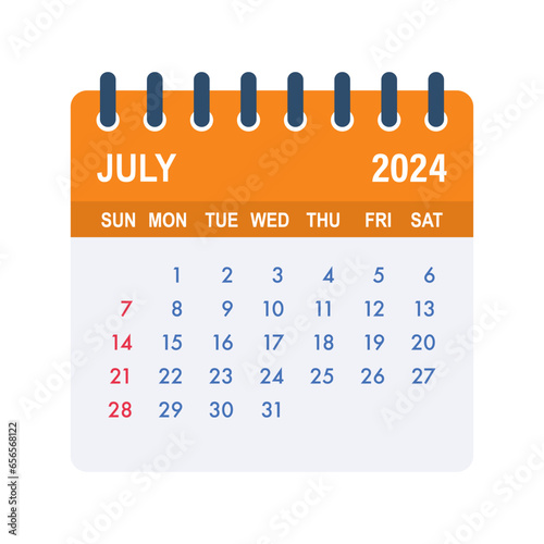 July 2024 Calendar Leaf. Calendar 2024 in flat style. Vector stock illustration