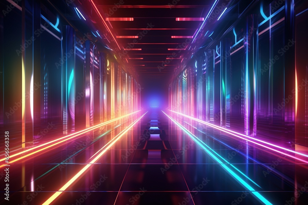 Futuristic tunnel of neon lights reflecting on a polished metal surface