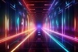 Futuristic tunnel of neon lights reflecting on a polished metal surface